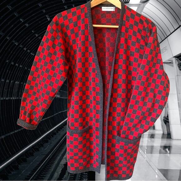 Checkered Cardigan Silk Wool Blend Checkered Vintage Sweater - Picture 4 of 16